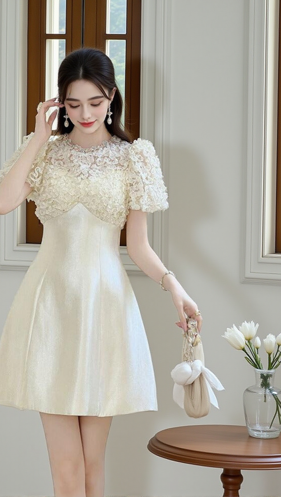 FLORAL LACE PUFF SLEEVE A-LINE MINI DRESS IN APRICOT