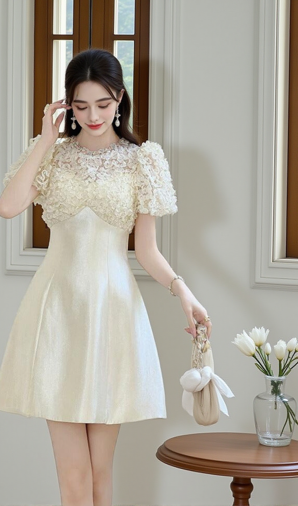 FLORAL LACE PUFF SLEEVE A-LINE MINI DRESS IN APRICOT