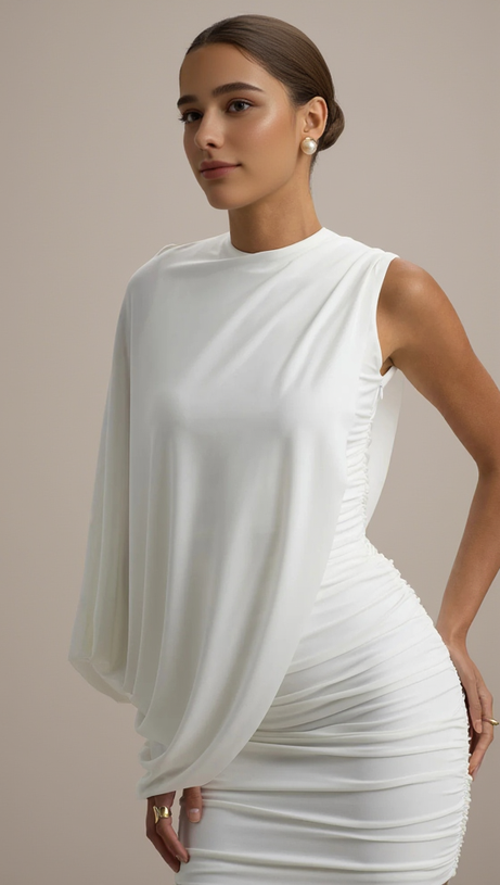 ZENOBIA MINI ABITO ASIMMETRICO CON SCIALLE E RUCHES, MONOSPALLA, BIANCO
