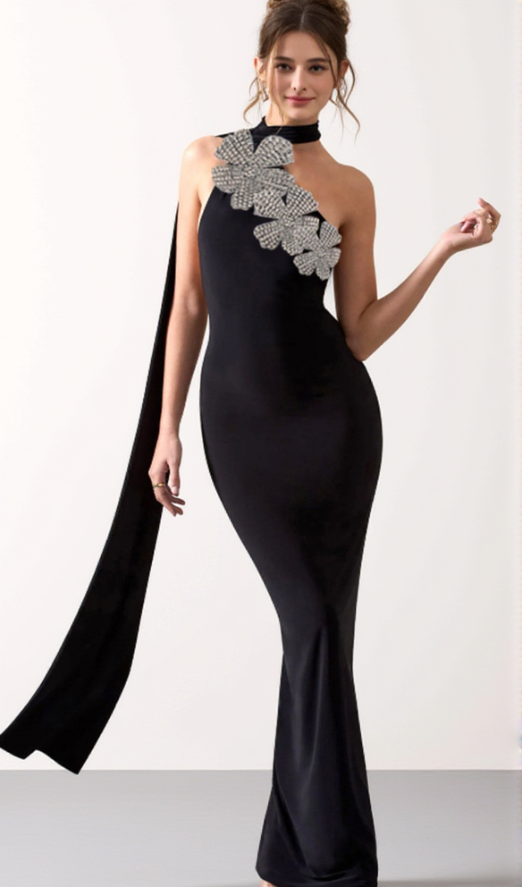Emily Diamond Flower Bandage Maxi Dress in Black
