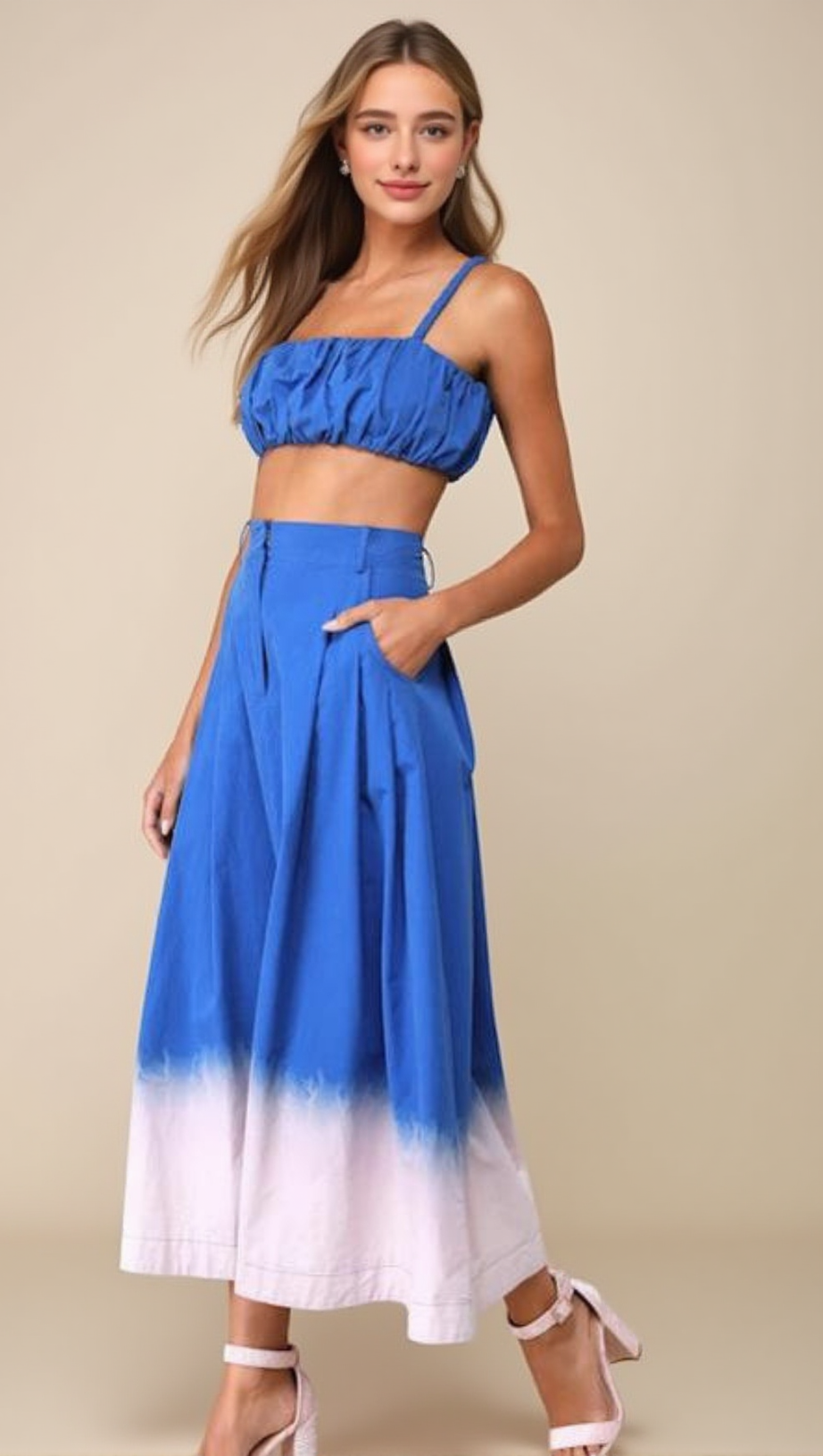 Überzeugendes, ästhetisches, zweiteiliges, ärmelloses Midikleid in Blau mit Ombre-Muster