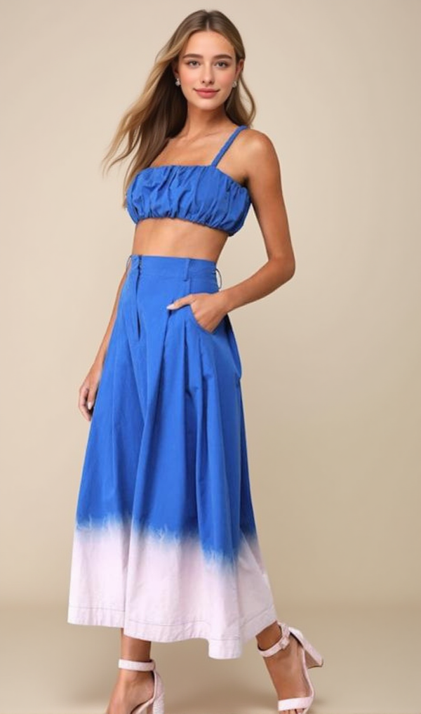 Compelling Aesthetic Blue Ombre Two-Piece Sleeveless Midi Dress