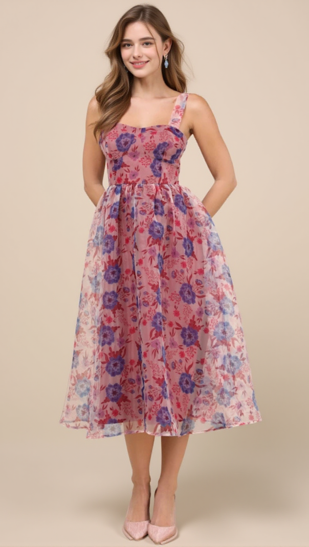 AIIZIE DELIGHTFUL LOOK MAGENTA FLORAL PRINT BUSTIER MIDI SKATER DRESS - product image