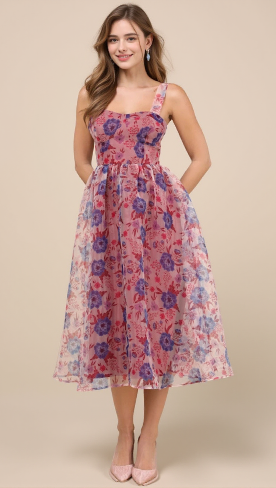 DELIGHTFUL LOOK MAGENTA FLORAL PRINT BUSTIER MIDI SKATER DRESS