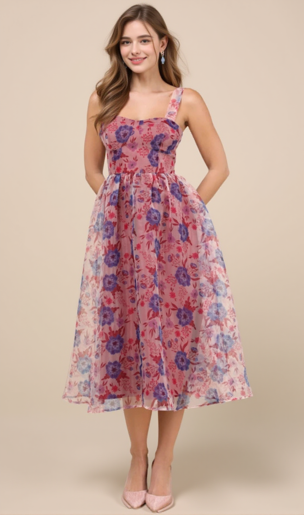 DELIGHTFUL LOOK MAGENTA FLORAL PRINT BUSTIER MIDI SKATER DRESS