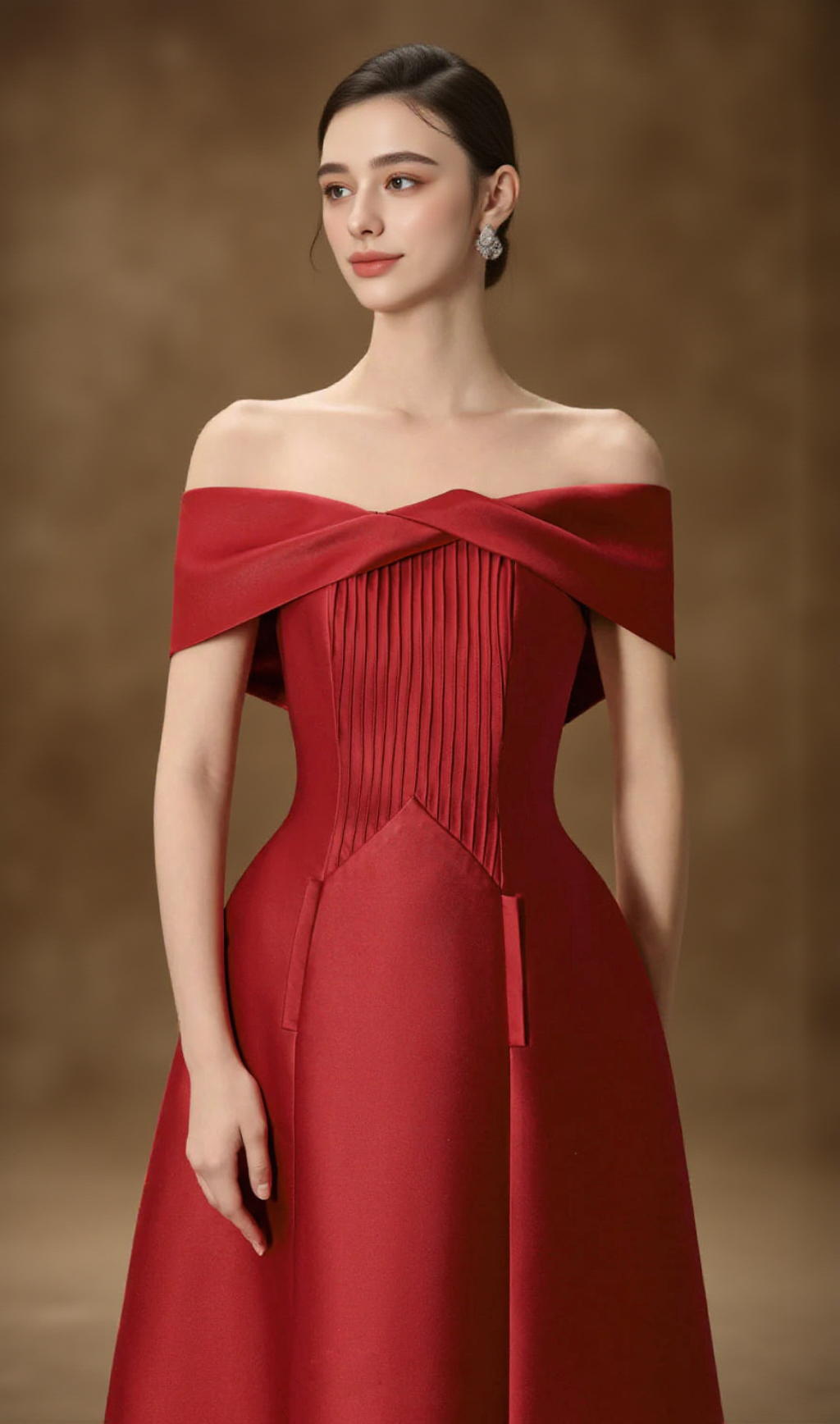 HEBERA A-LINE OFF-SHOULDER MIDI DRESS IN RED