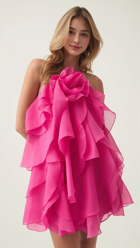 LORRAINE HALTER FLORAL RUFFLE LAYERED MINI DRESS IN FUCHSIA