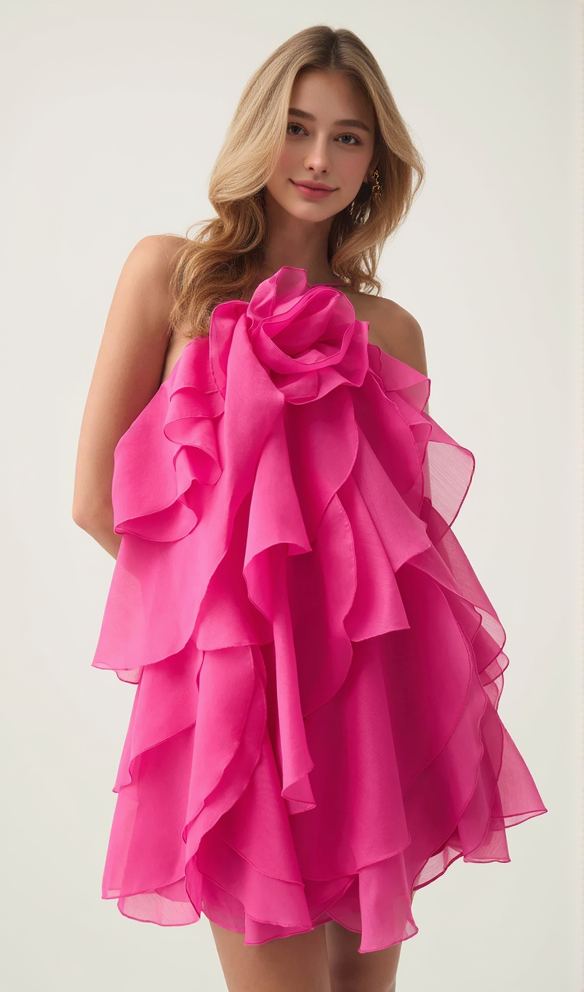 AIIZIE LORRAINE HALTER FLORAL RUFFLE LAYERED MINI DRESS IN FUCHSIA - product image