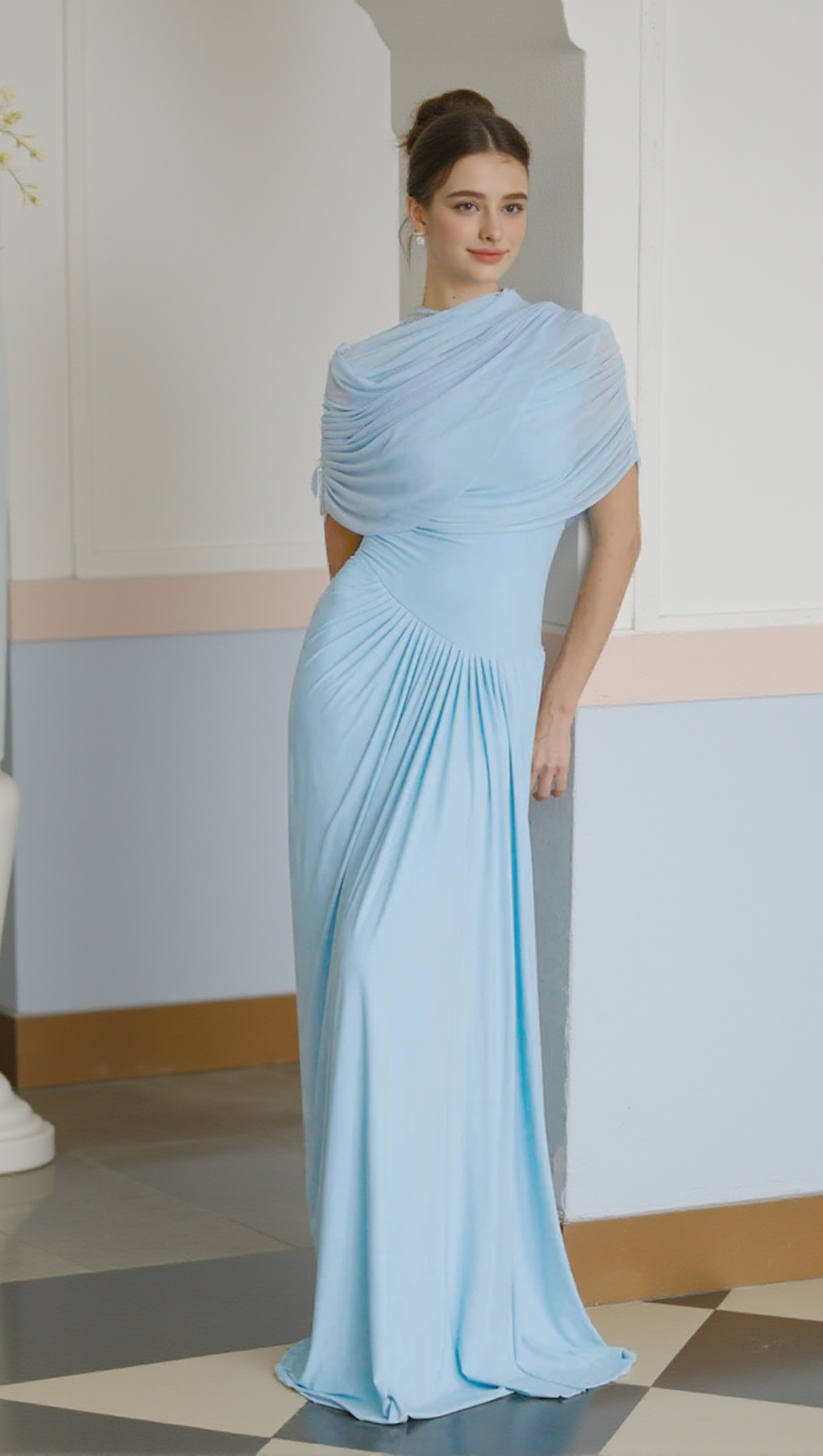 AAKIFA ASYMMETRIC DRAPED MAXI DRESS IN BABY BLUE