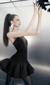 jessica sequin tulle ruched hem mini dress in black