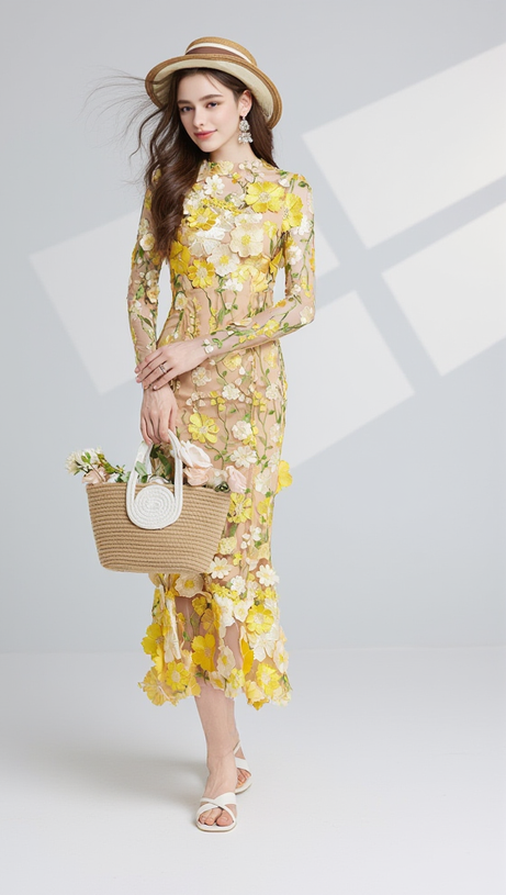 CAROL GELBES MIDIKLEID AUS NETZ MIT LANGEN ÄRMELN UND BLUMENSTICKEREI