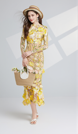 CAROL YELLOW FLORAL EMBROIDERY MESH LONG SLEEVE MIDI DRESS