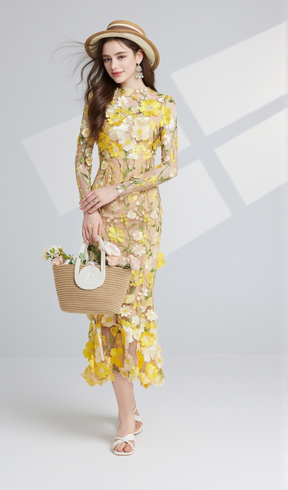 CAROL YELLOW FLORAL EMBROIDERY MESH LONG SLEEVE MIDI DRESS