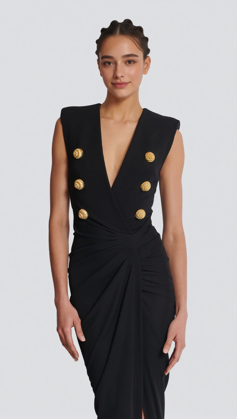 DEEP-V SLEEVELESS RUCHED SLIT MAXI DRESS IN BLACK