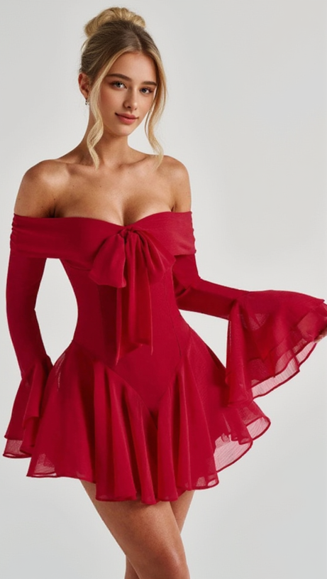 MINI ABITO ROSSO CON MANICHE LUNGHE E LACCI A SPALLE SCOPERTE