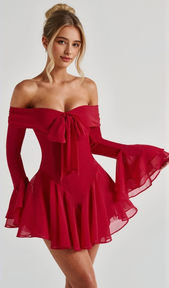 Off-Shoulder-Minikleid mit langen Ärmeln und Schleife in Rot