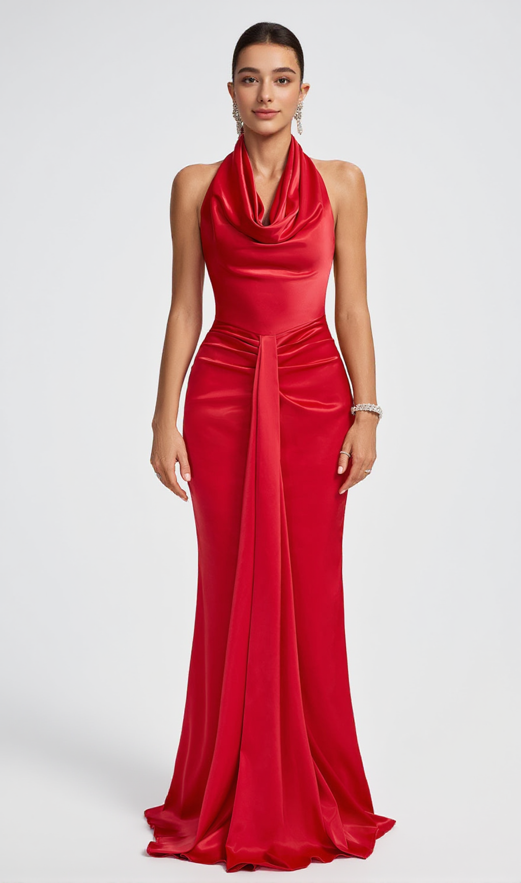 HALTER DRAPED SATIN MERMAID MAXI DRESS IN RED