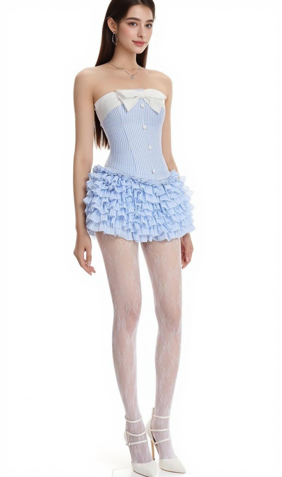 Striped bustier top skirt set in blue