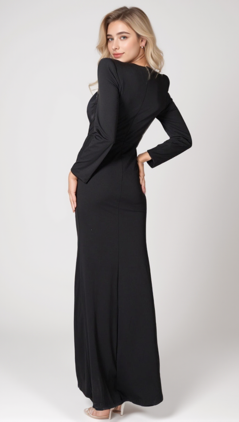 BERNICE LONG SLEEVE DRAPED EMBELLISHED MAXI DRESS IN BLACK