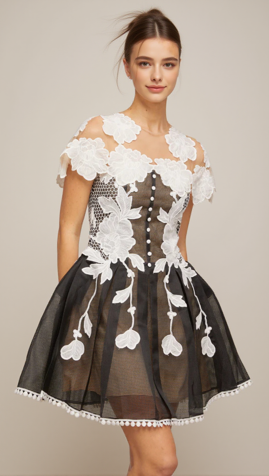 BLACK-WHITE LACE FLOWER EMBELLISHED MINI DRESS