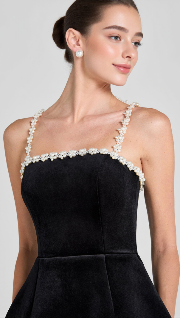 AIIZIE PEARL EMBELLISHED STRAP MINI DRESS IN BLACK - product image