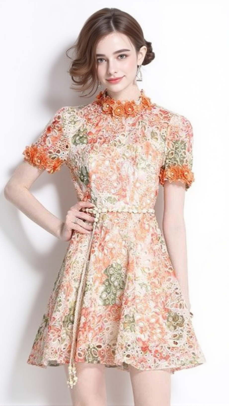 EMBROIDERED HOLLOW FLORAL PUFF SLEEVES MINI DRESS