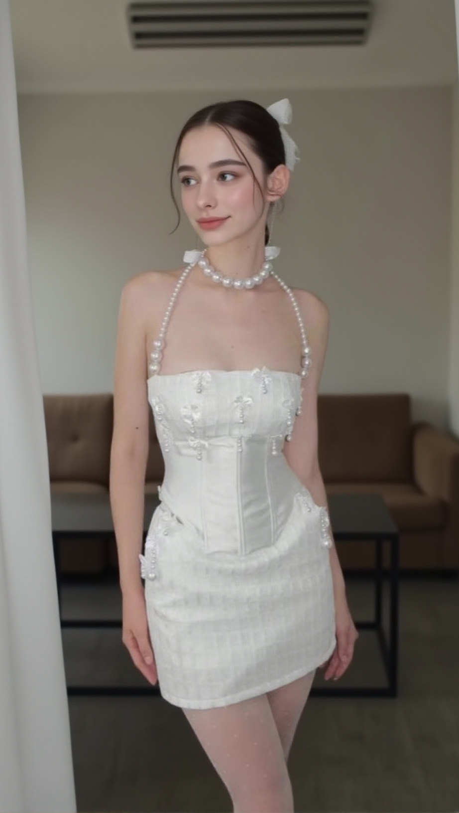 PEARL FISHBONE WRAP TOP SKIRT SET IN WHITE