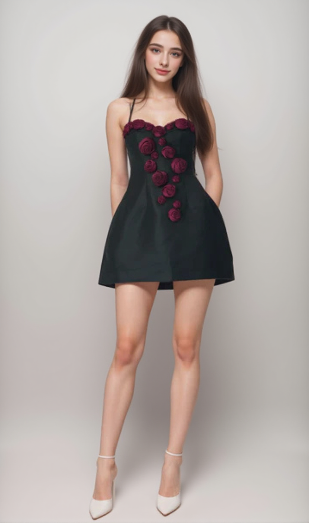Elegantes burgunderrotes Minikleid aus schwarzem Satin mit 3D-Blumenmuster