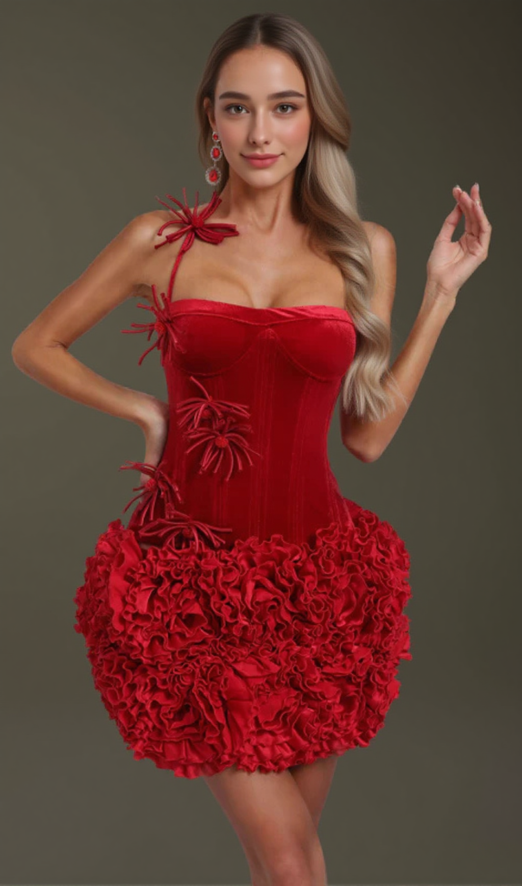 velvet corset floral mini skirt suit in red