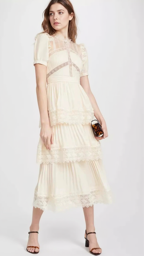 PLEATED LACE MIDI DRESS IN APRICOT