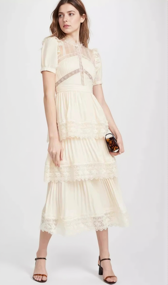 PLEATED LACE MIDI DRESS IN APRICOT