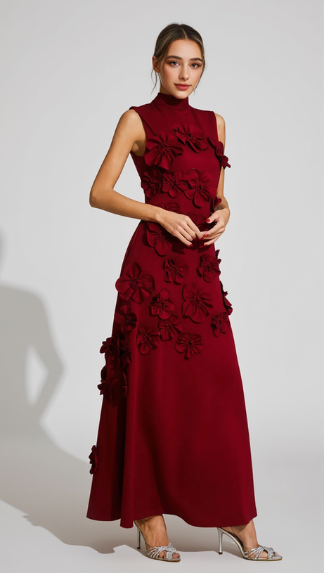 ANNONA RED FLOWER EMBELLISHED MAXI DRESS