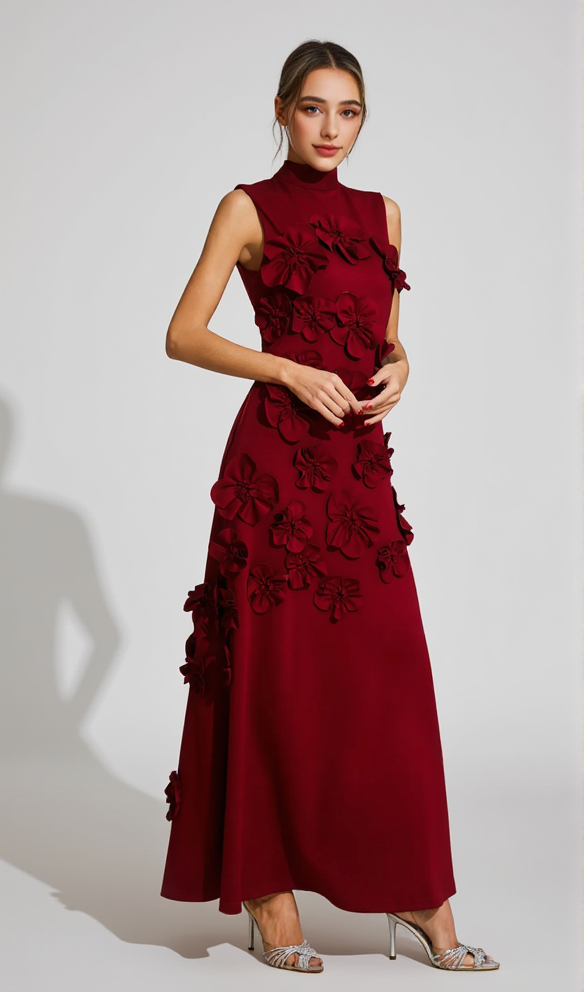 AIIZIE ANNONA RED FLOWER EMBELLISHED MAXI DRESS - product image