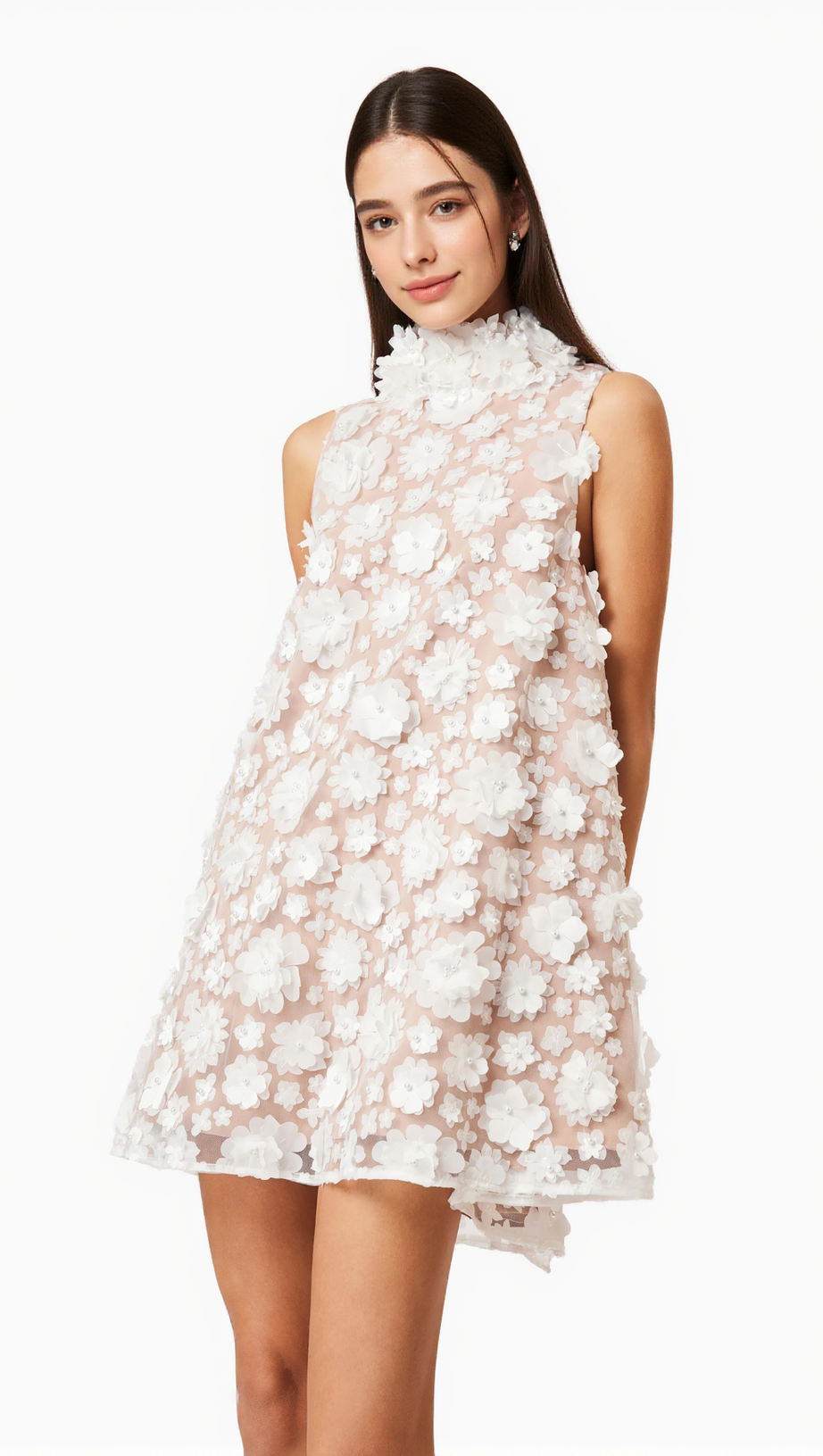 ABITO TRAPEZIO CON CAMPANULE FLOREALI 3D IN BIANCO