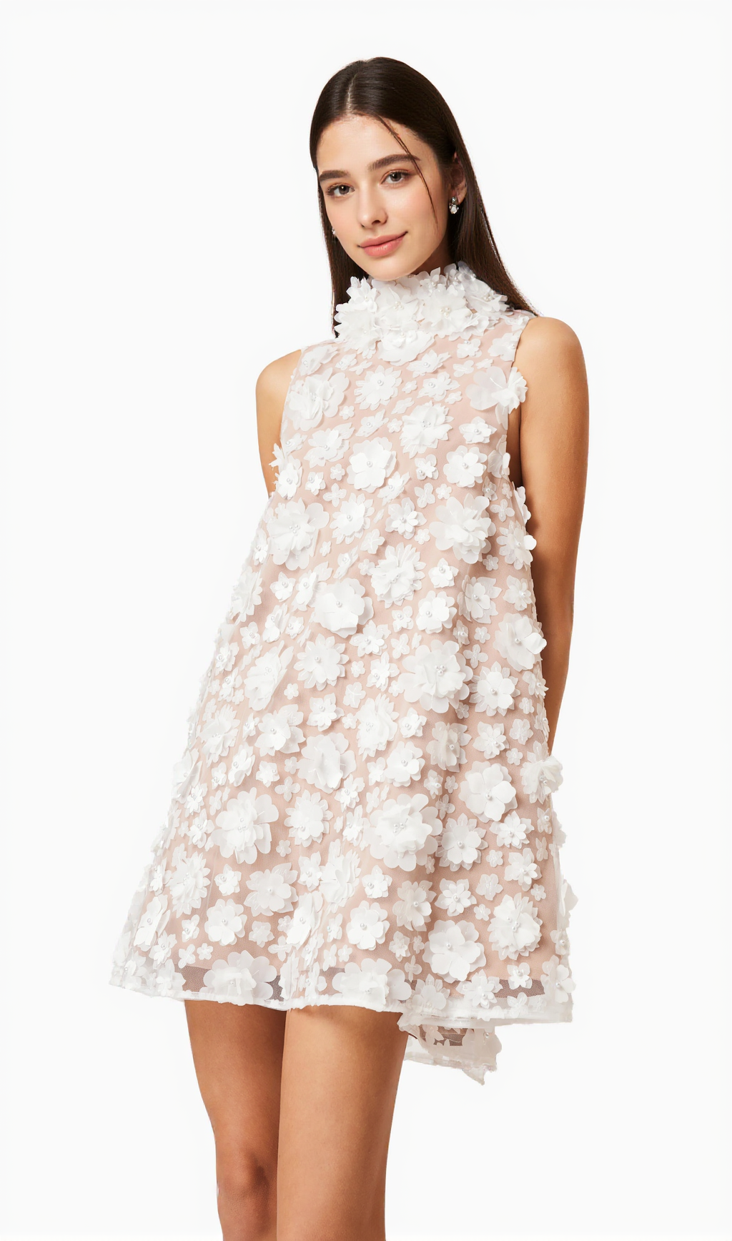 3d floral bluebell Trapeze Dress in white