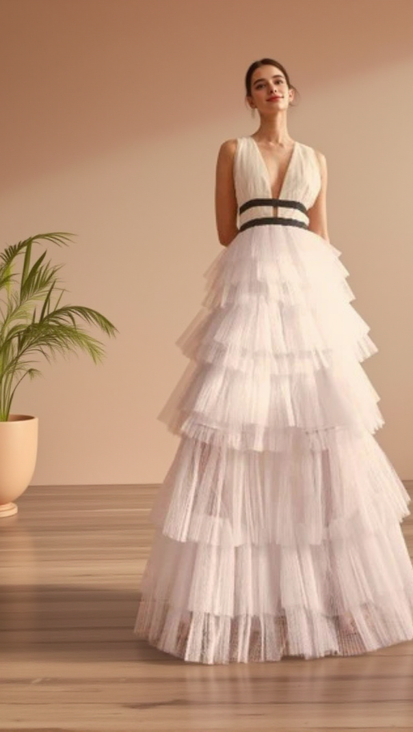 AIIZIE ELIZA WHITE PLUNGING NECK LAYERED TULLE SKIRT MAXI-DRESS - product image