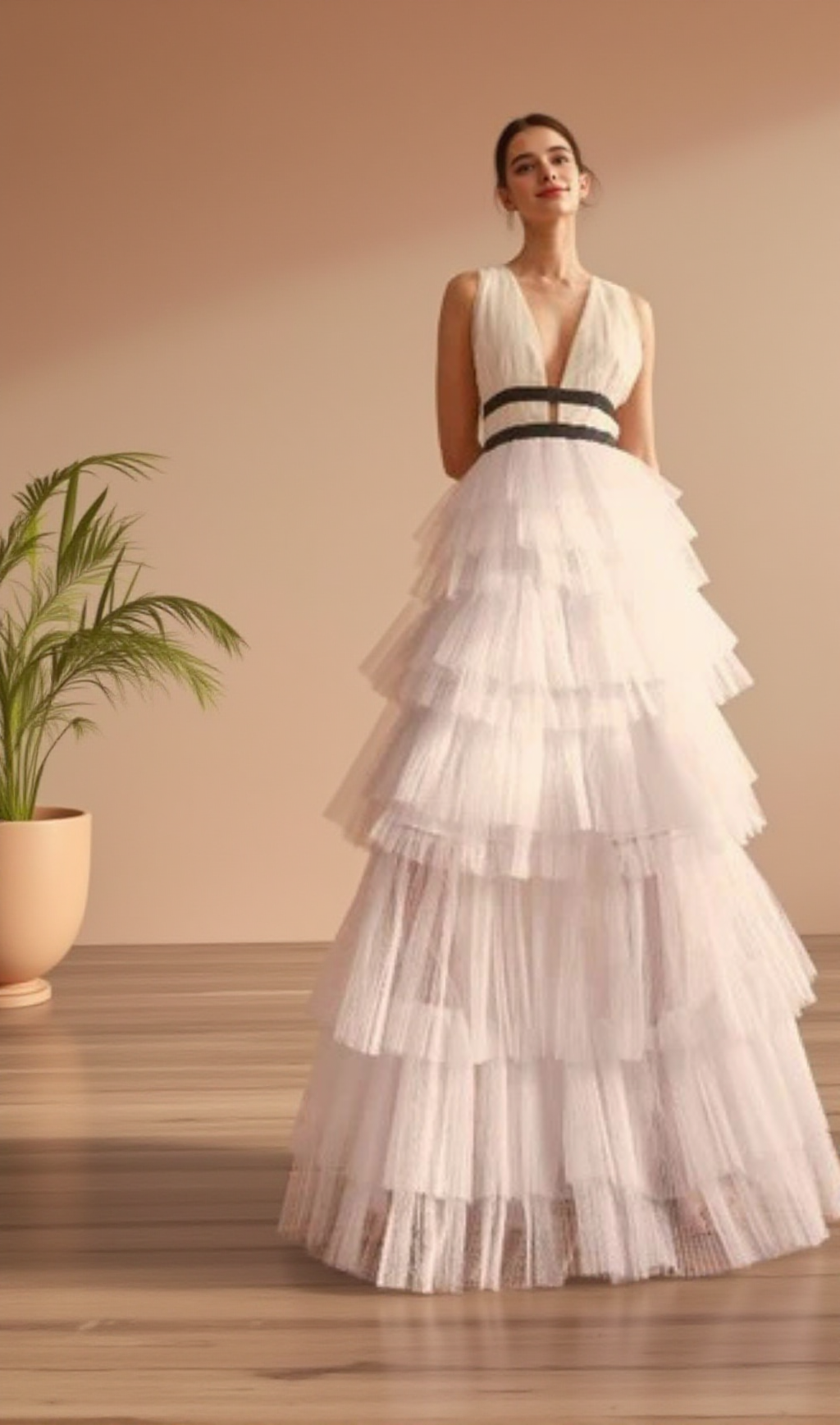 ELIZA WHITE PLUNGING NECK LAYERED TULLE SKIRT MAXI-DRESS