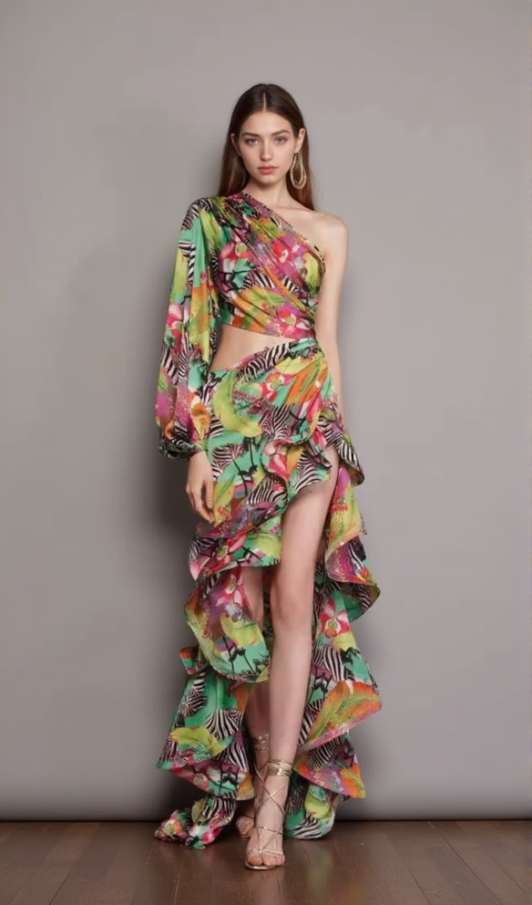 ONE SHOULDER RUFFLR TRIM PRINTED MAXI DRESS