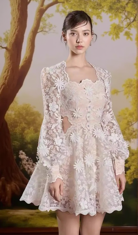 FLOWER EMBELLISHED MINI DRESS IN APRICOT