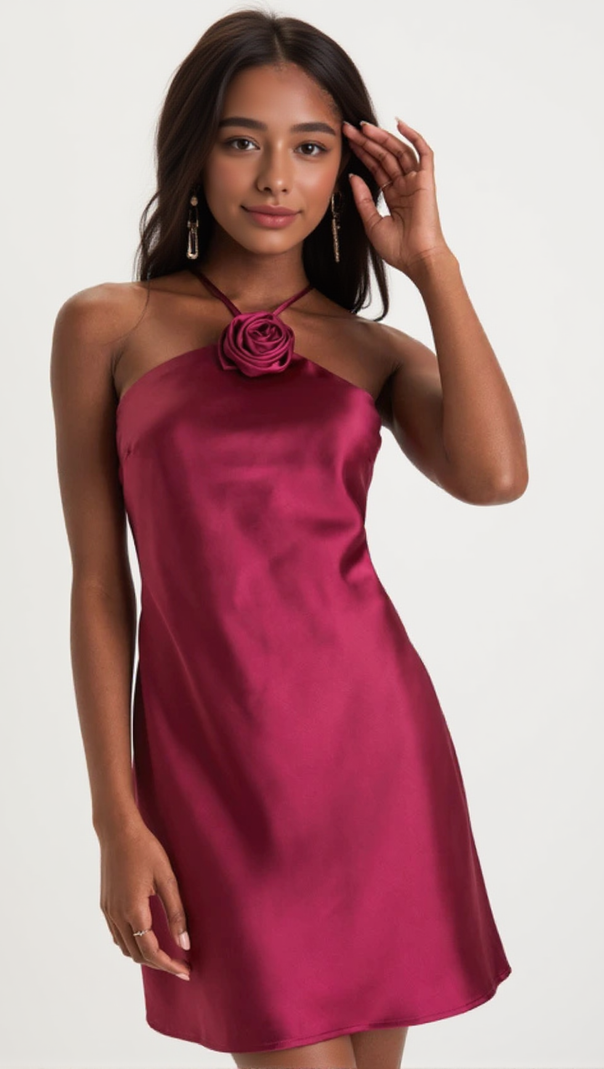 AIIZIE SWEET PROSE MAGENTA SATIN ROSETTE HALTER NECK MINI DRESS - product image