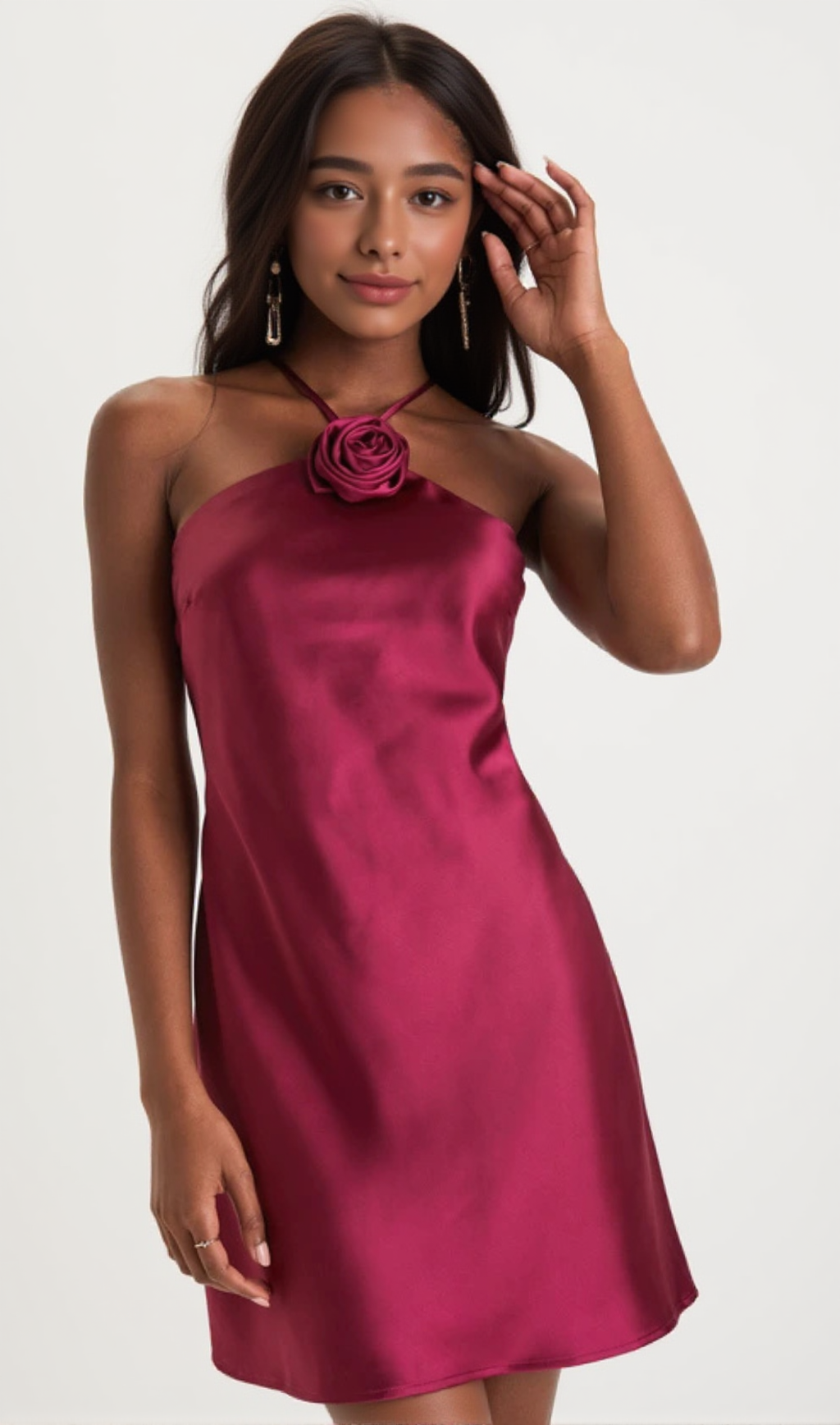 SWEET PROSE MAGENTA SATIN ROSETTE HALTER NECK MINI DRESS