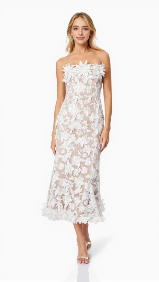 AIIZIE 3D FLOWER EMBROIDERY STRAPLESS MIDI DRESS IN BEIGE - product image