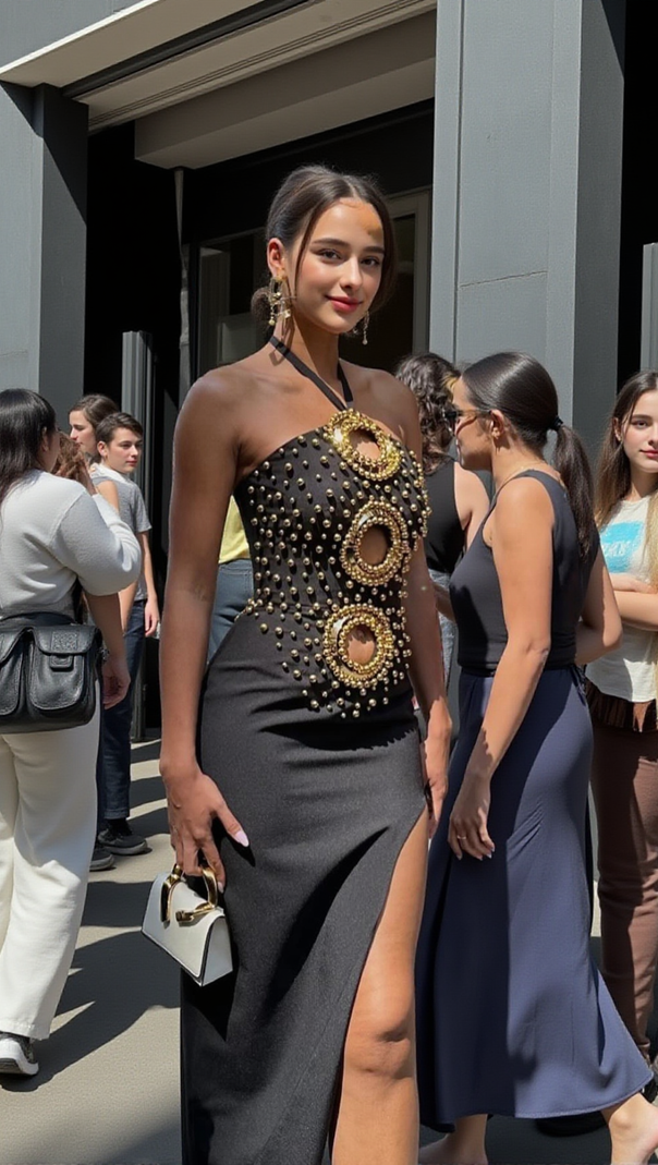 AIIZIE EMBELLISHED CUT OUT HALTER MAXI DRESS IN BLACK - product image