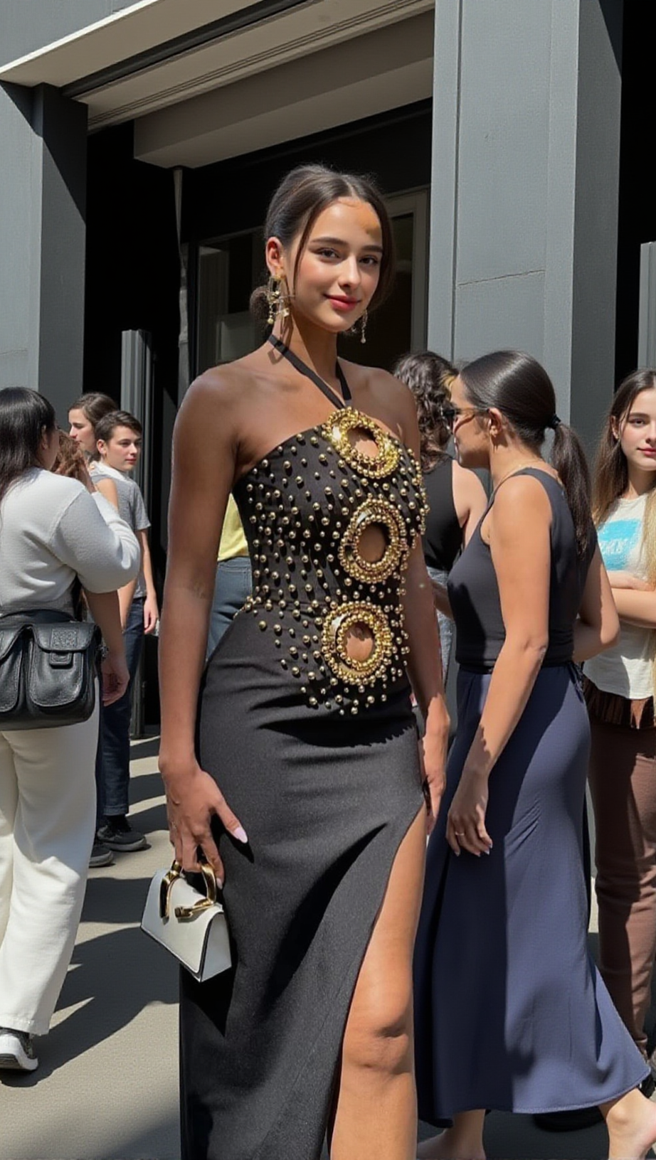 EMBELLISHED CUT OUT HALTER MAXI DRESS IN BLACK