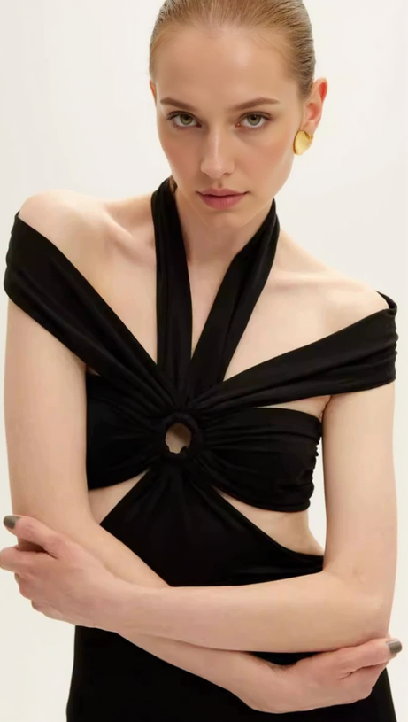 BLACK CUTOUT HALTER BANDAGE MAXI DRESS