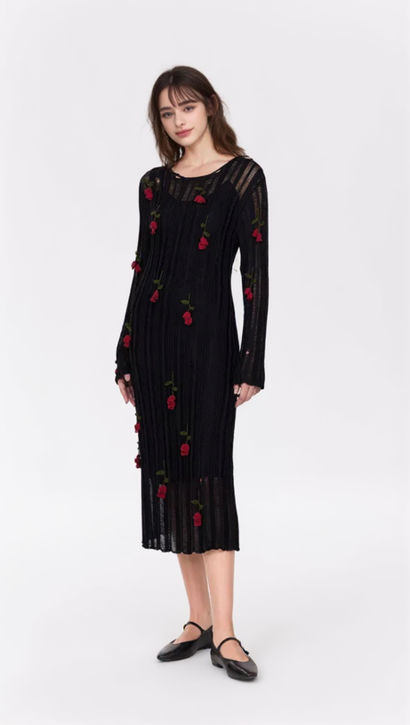 HILARIA ROSE HANDCRAFTED KNIT MIDI DRESS IN BLACK