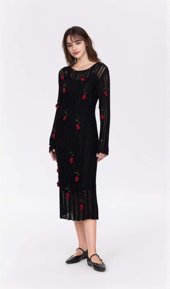 AIIZIE HILARIA ROSE HANDCRAFTED KNIT MIDI DRESS IN BLACK - product image