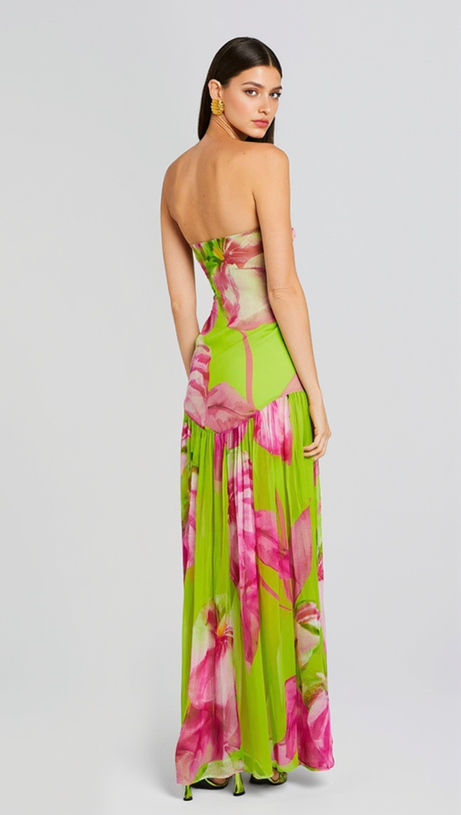STRAPLESS SILK MAXI DRESS IN LIME ANTHURIUM