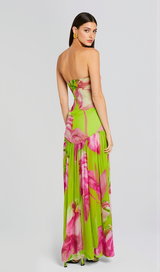 STRAPLESS SILK MAXI DRESS IN LIME ANTHURIUM