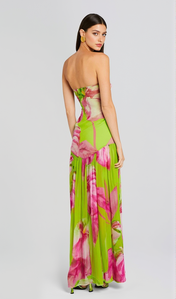 STRAPLESS SILK MAXI DRESS IN LIME ANTHURIUM